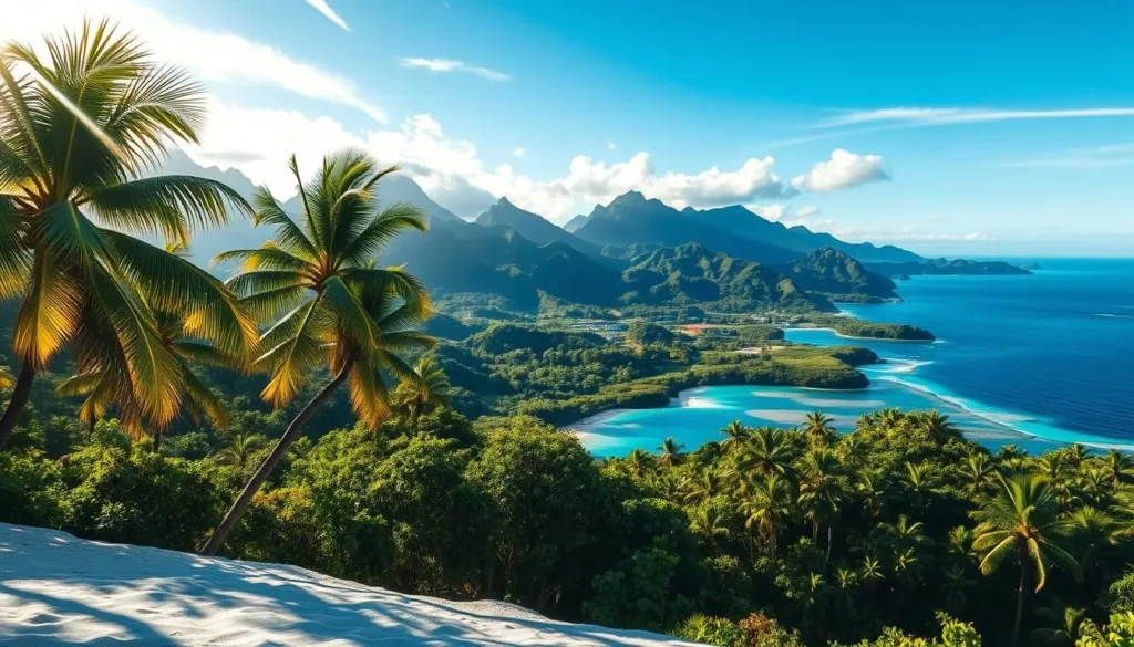 A lush, verdant landscape with rolling hills, towering peaks, and crystalline waters surrounding the idyllic Moorea Island. Sunlight filters through wispy clouds, casting a warm glow over the scene. In the foreground, a pristine beach with fine, white sand and gently lapping waves. Coconut palms sway in the gentle breeze, their fronds creating intricate patterns of light and shadow. The middle ground reveals vibrant tropical foliage, dense and lush, hinting at the island's dense interior. In the distance, majestic mountains rise up, their rugged slopes cloaked in a verdant mantle. Turquoise lagoons and deep, azure ocean stretch out to the horizon, creating a stunning contrast with the land. An aura of tranquility and natural beauty permeates the entire scene, capturing the essence of this French Polynesian paradise.
