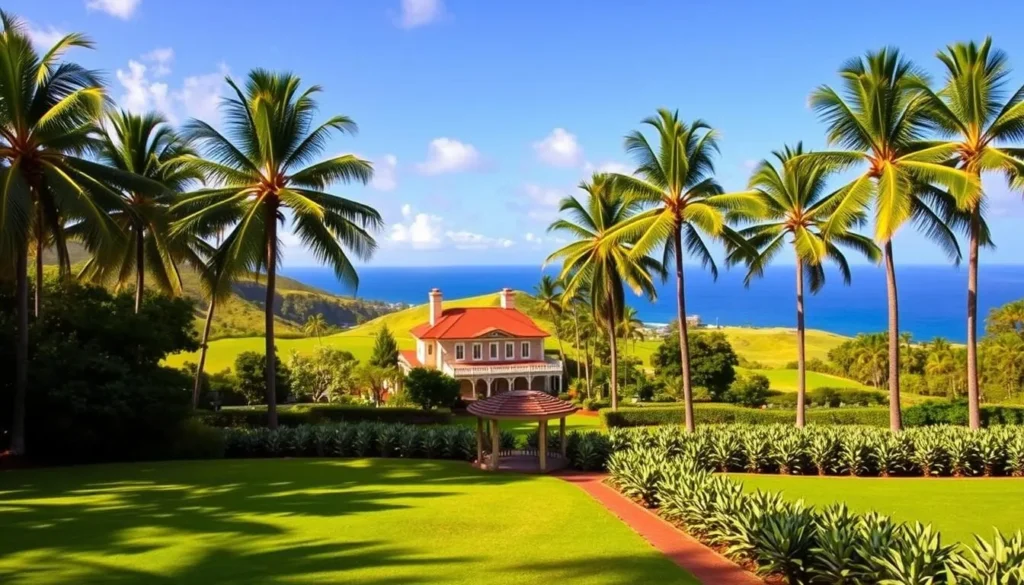 A lush, verdant landscape with towering palm trees and a grand, colonial-style mansion nestled amidst rolling hills. The Dole Plantation, a historic site on the island of Oahu, Hawaii, stands proud, bathed in warm, golden sunlight. In the foreground, a neatly manicured lawn leads to a charming gazebo, inviting visitors to explore the plantation's rich history. The middle ground features rows of vibrant pineapple plants, a nod to the plantation's role in the Hawaiian pineapple industry. In the distance, the deep blue of the Pacific Ocean peeks through the verdant foliage, creating a picturesque and serene atmosphere.