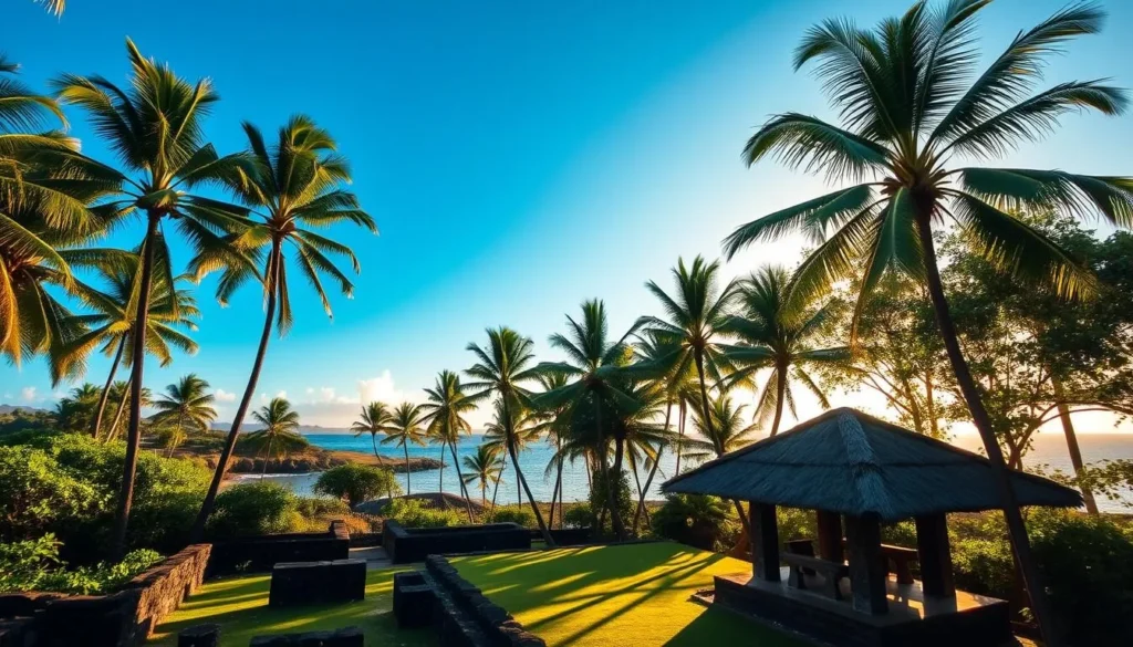 A lush, verdant landscape with towering palm trees and tropical foliage, set against the backdrop of a tranquil bay. In the foreground, ancient stone structures and a traditional thatched-roof structure stand as a testament to the rich cultural heritage of Pu'uhonua o Hōnaunau National Historical Park. Warm sunlight filters through the canopy, casting a soft, golden glow across the scene. A clear, azure sky completes the picturesque setting, inviting the viewer to step into this serene and historically significant place.