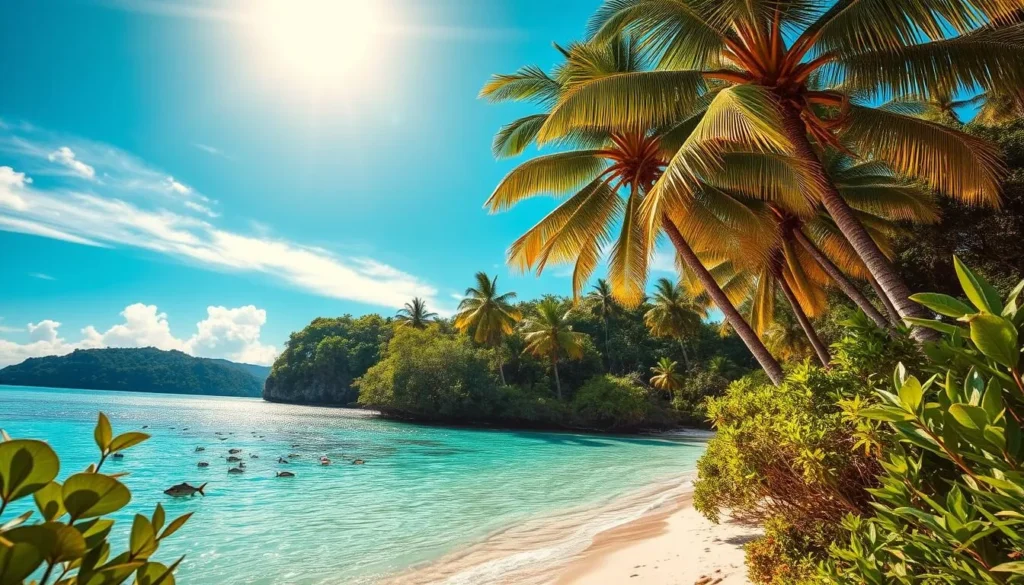 A lush, verdant landscape with towering palm trees swaying in the gentle breeze under a vibrant azure sky. Sunlight dapples the crystal-clear turquoise waters of a pristine lagoon, where schools of colorful tropical fish dart through the shallows. In the foreground, a secluded sandy beach is framed by the verdant foliage of coconut palms and tropical flora. The warm, humid atmosphere and the sound of gently lapping waves evoke the tranquil, relaxing essence of Palau's iconic tropical climate.