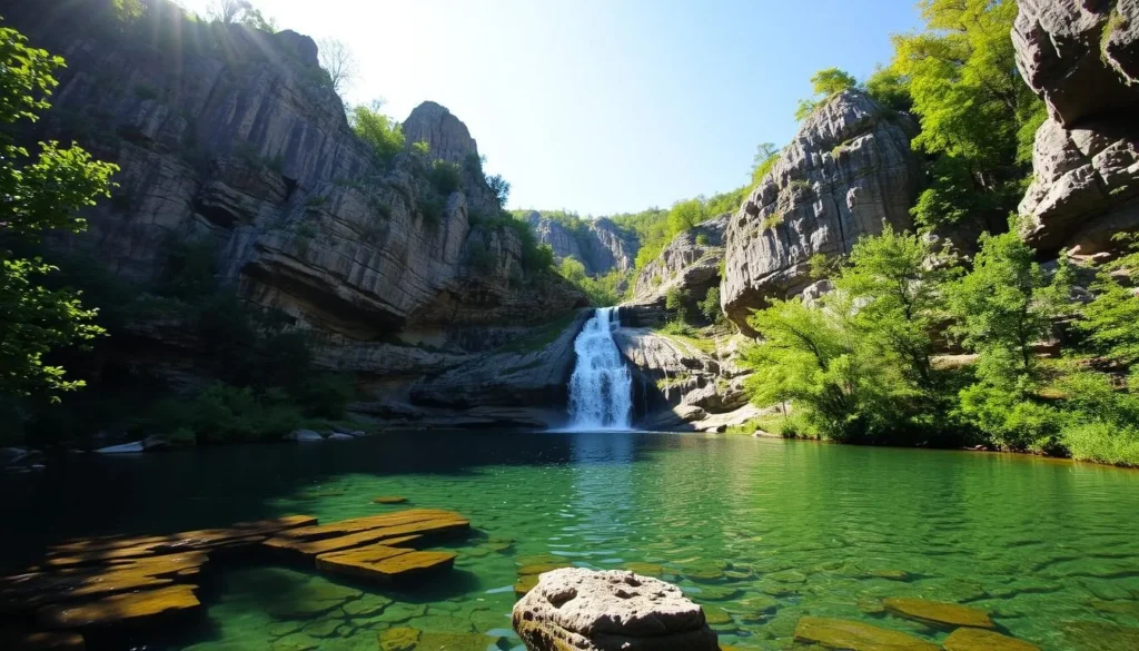 A lush, verdant landscape with towering rock formations and a cascading waterfall at the center of the frame. The sun's warm rays illuminate the scene, casting gentle shadows and highlighting the intricate textures of the weathered stone. In the foreground, a crystal-clear natural pool invites visitors to cool off, while the middle ground showcases the rugged, yet serene beauty of the Johnson's Shut-ins. The background features densely wooded hills, creating a sense of depth and enclosure, drawing the eye towards the captivating natural wonder at the heart of this Missouri state park.