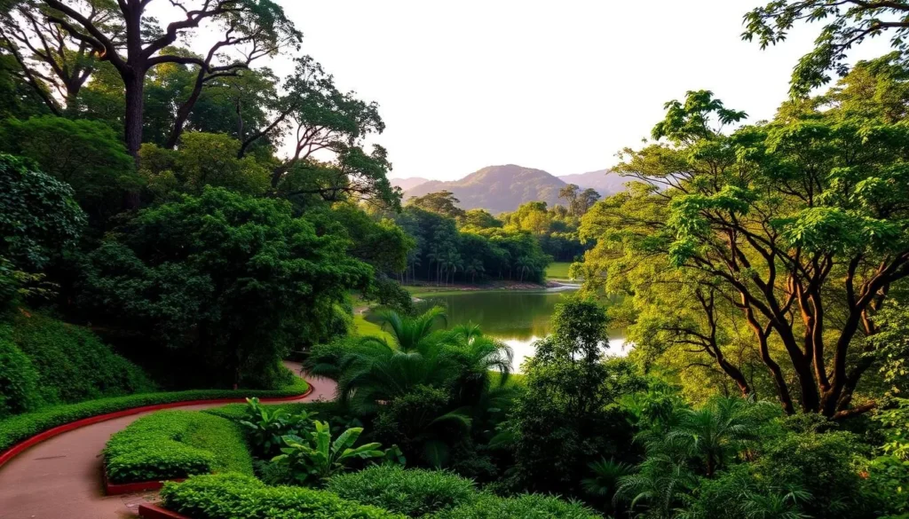 A lush, verdant landscape with towering trees and vibrant foliage, Bukit Batok Nature Park is a hidden gem in Singapore. In the foreground, a winding path meanders through the serene greenery, inviting visitors to explore. The middle ground features a tranquil pond, its surface reflecting the surrounding flora and the warm, golden sunlight filtering through the canopy above. In the background, gentle hills rise, creating a sense of depth and natural beauty. The overall atmosphere is one of tranquility and peacefulness, capturing the essence of this lesser-known park that is a true haven for nature enthusiasts.