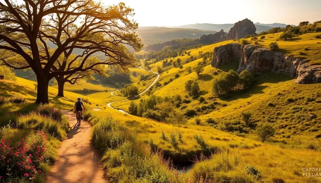 A lush, verdant landscape with winding hiking and biking trails meandering through the rolling hills. Sunlight filters through the canopy of towering oak trees, casting a warm, golden glow over the scene. In the foreground, a well-maintained dirt path leads hikers and cyclists past vibrant wildflowers and babbling brooks. The middle ground reveals a network of interconnected trails disappearing into the distance, inviting exploration. In the background, rugged bluffs and craggy rock formations rise up, framing the serene natural setting. The overall atmosphere is one of tranquility and adventure, perfectly capturing the essence of outdoor recreation in Cape Girardeau, Missouri.