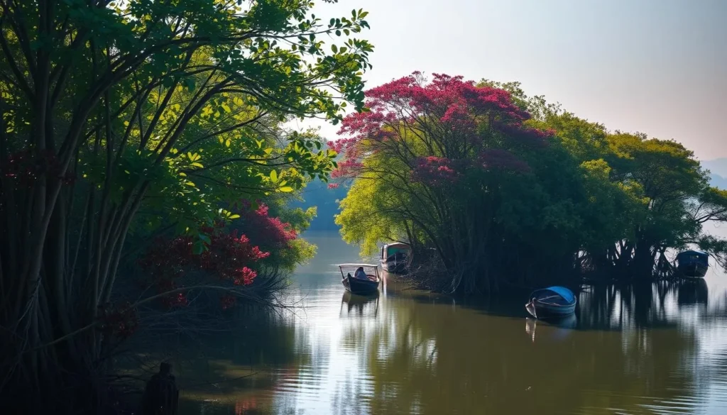 A lush, verdant mangrove forest along the tranquil shores of Cambodia's Tonle Sap Lake. Sunlight filters through the dense canopy, casting a warm, golden glow on the tangled roots and intricate foliage. In the foreground, clusters of crimson-leafed trees stand tall, their reflections rippling in the calm, mirror-like waters. The middle ground reveals a winding network of waterways, with traditional wooden boats gliding silently. In the distance, the horizon is obscured by a hazy blue mist, creating a sense of mystery and depth. The scene evokes a serene, almost mystical atmosphere, inviting the viewer to immerse themselves in the beauty of this lush, untamed ecosystem.