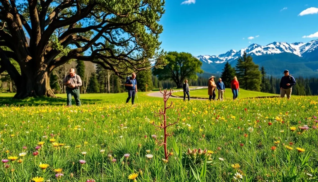 A lush, verdant meadow stretches out, dotted with vibrant wildflowers and towering oak trees. In the foreground, a group of park rangers carefully tending to a young sapling, their hands gently guiding its growth. In the middle ground, hikers traverse a winding path, their faces filled with wonder as they take in the serene landscape. In the background, a snow-capped mountain range rises majestically, its peaks bathed in warm, golden light. This idyllic scene captures the essence of conservation efforts, where nature and humanity coexist in harmonious balance.
