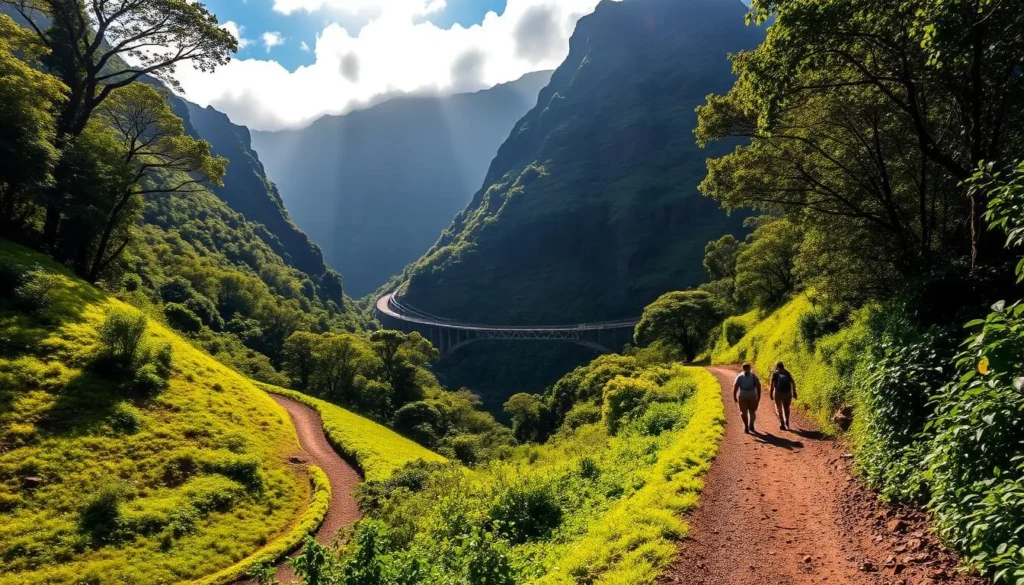 A lush, verdant mountain trail winds through a densely forested valley, with the towering cliffs of Koko Crater looming overhead. The sun filters through the canopy of trees, casting a warm, golden glow on the packed earth path. Hikers ascend the gently sloping trail, their footsteps crunching on the gravel. In the distance, the imposing silhouette of the old Koko Crater Railway trestle bridges the gap between the two sides of the valley, a testament to the island's rich history. The scene exudes a sense of tranquility and natural beauty, inviting the viewer to embark on an outdoor adventure amidst the stunning Hawaiian landscape.