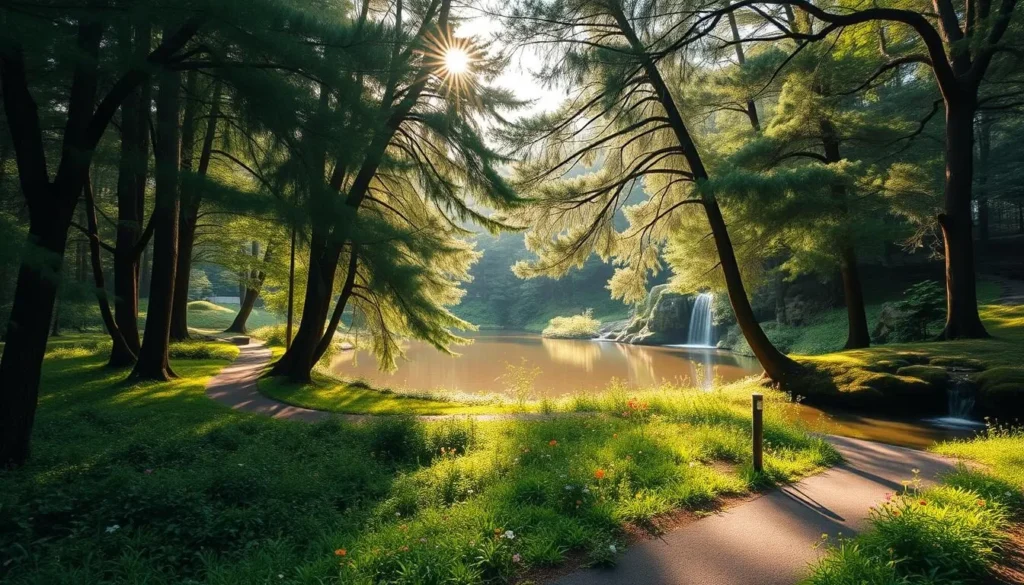 A lush, verdant nature park in Yongin, South Korea, with a serene pond reflecting the surrounding greenery. Sunlight filters through the canopy of tall, swaying trees, casting a warm, golden glow over the scene. In the foreground, a winding path leads visitors through the tranquil landscape, inviting them to explore the natural beauty. Colorful wildflowers dot the undergrowth, adding pops of vibrant hues. In the distance, a gentle waterfall cascades over moss-covered rocks, creating a soothing, natural soundtrack. The overall atmosphere is one of peaceful solitude, where visitors can escape the hustle and bustle of daily life and immerse themselves in the calming embrace of the great outdoors.