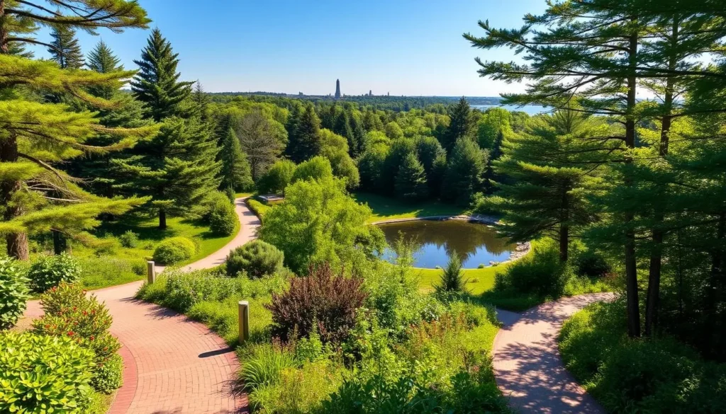 A lush, verdant oasis nestled along the coastline, Point Pleasant Park is a serene haven for outdoor enthusiasts. Capture the tranquil atmosphere with a wide-angle lens, showcasing the park's winding trails flanked by towering evergreens and vibrant foliage. In the foreground, sunlight dapples the well-maintained pathways, inviting visitors to stroll and explore. The middle ground reveals a picturesque pond, its still waters reflecting the surrounding natural beauty. In the distance, the horizon is punctuated by the silhouettes of historic monuments, adding a touch of cultural charm to the scene. Convey a sense of calm and adventure, as if inviting the viewer to immerse themselves in the park's rejuvenating embrace on a pleasant, sun-dappled day.