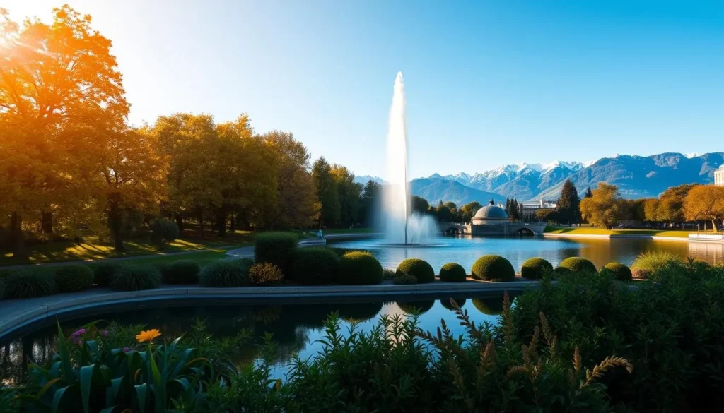 A lush, verdant park in the heart of Geneva, with the iconic Jet d'Eau fountain majestically shooting water high into the clear sky. In the foreground, a peaceful pond reflects the changing seasons - vibrant green foliage in spring, golden leaves in autumn, and snow-capped mountains in the distance during winter. The warm, golden light of a summer afternoon bathes the scene, casting long shadows and creating a serene, picturesque atmosphere. A wide-angle lens captures the full breadth of this beautiful, weather-varying landscape, showcasing the distinct charm of Geneva throughout the year.