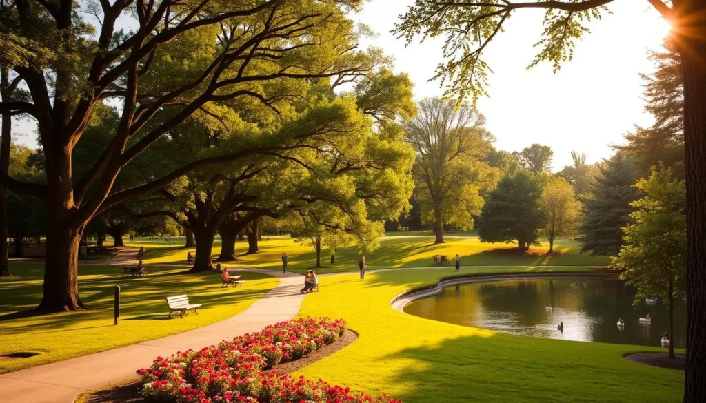 A lush, verdant park nestled in the heart of Chesterfield, Missouri. Towering oak trees cast gentle shadows over manicured lawns, where families picnic and children play. A winding path meanders through the landscape, leading past a tranquil pond where ducks glide across the still waters. Vibrant flower beds burst with color, framing the scene with natural beauty. Warm, golden sunlight filters through the foliage, creating a serene and inviting atmosphere. The park is a hidden gem, offering a peaceful respite from the bustling city, where visitors can immerse themselves in the charm of Chesterfield's natural wonders.