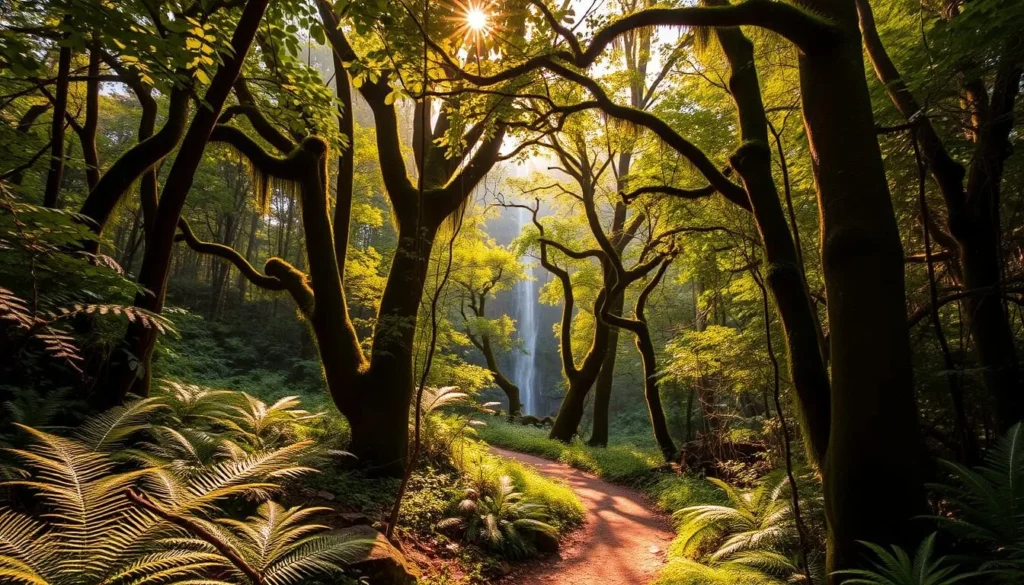 A lush, verdant rainforest canopy dominates the frame, filtering warm, golden sunlight that dapples the ferns and mosses below. In the midground, a winding trail snakes through the undergrowth, flanked by towering, moss-draped trees. Exotic bird calls echo through the still air, and the distant sound of a cascading waterfall adds to the serene, tranquil atmosphere. The overall scene evokes a sense of exploration and discovery, reflecting the spirit of the Akaka Falls State Park's Loop Trail.