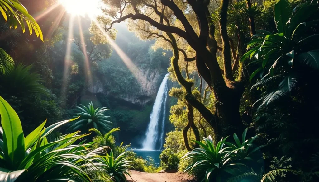 A lush, verdant rainforest canopy shades the winding trail leading to the majestic Manoa Falls. Sunlight filters through the dense foliage, casting a warm, golden glow across the scene. In the foreground, vibrant tropical plants and ferns line the path, their leaves rustling gently in the soft breeze. The middle ground reveals the cascading waterfall, its pristine waters tumbling over the rocky cliff face and into a serene pool below. Towering, moss-covered trees and verdant vines form the lush, immersive backdrop, creating a sense of tranquility and a connection to the natural world. The overall atmosphere is one of serene, lush beauty, inviting the viewer to embark on an enchanting hike through this idyllic Hawaiian rainforest.