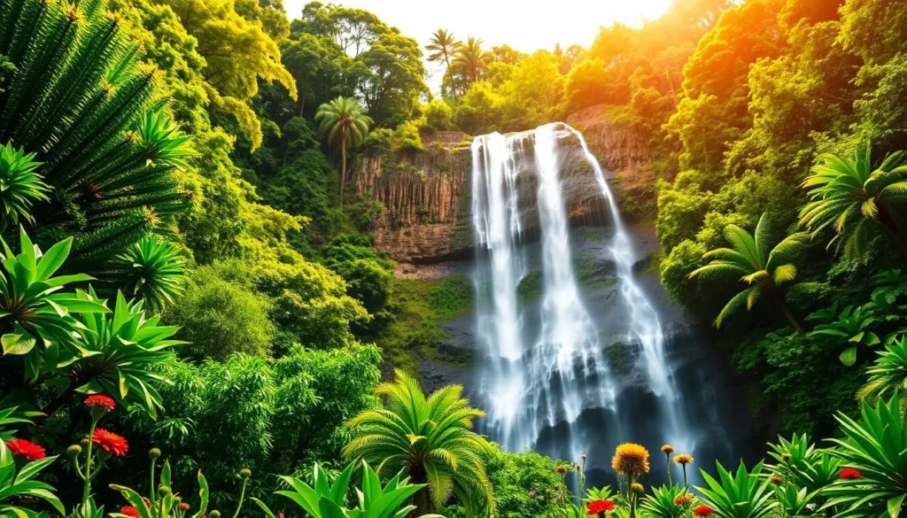 A lush, verdant rainforest with towering emerald trees frames the majestic Akaka Falls cascading down a 442-foot volcanic cliff. The crystal-clear waters glisten in the warm Hawaiian sunlight, creating a mesmerizing display of natural power and beauty. In the foreground, vibrant tropical foliage and wildflowers dot the landscape, inviting visitors to immerse themselves in the tranquil, serene atmosphere. Capture the awe-inspiring grandeur of this stunning natural wonder with a wide-angle lens, showcasing the dramatic contrast between the plunging waterfall and the verdant, lush surroundings of Akaka Falls State Park on the Big Island of Hawaii.