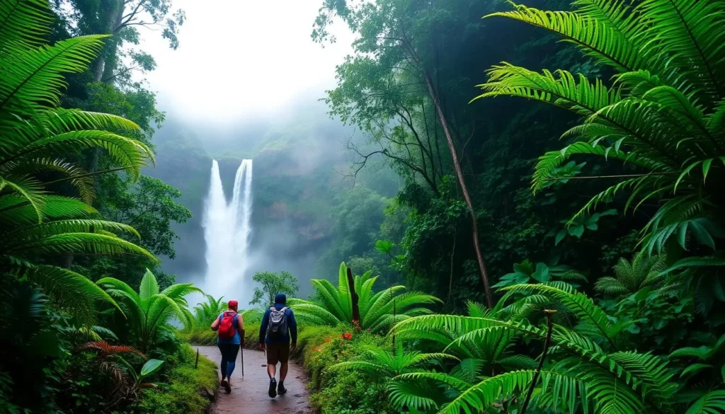 A lush, verdant rainforest with towering ferns and vibrant foliage, shrouded in a gentle mist. In the foreground, a winding hiking trail leads towards the iconic Manoa Falls, its cascading waters glistening under soft, diffused lighting. The middle ground features hikers making their way through the misty landscape, their rain jackets and hiking gear suggesting a pleasant, mild rain. In the background, the towering cliffs and dense vegetation create a sense of immersion and tranquility. The overall atmosphere is one of serene exploration, with the perfect balance of nature's elements - the rain, the greenery, and the majestic waterfall.