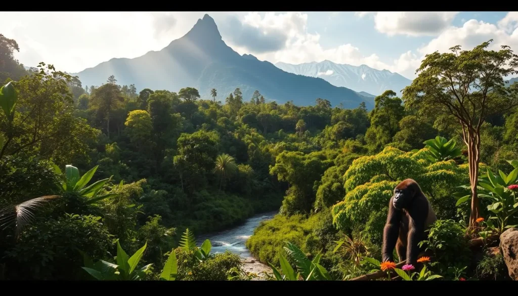A lush, verdant rainforest with towering mountains in the background, sunlight filtering through the dense canopy, casting a warm glow on the diverse flora and fauna. Majestic silverback gorillas roam the undergrowth, while a crystal-clear river winds through the landscape, its banks dotted with vibrant wildflowers. In the distance, the snow-capped peaks of the Rwenzori Mountains rise majestically, creating a breathtaking backdrop to this natural wonder. Capture the essence of Virunga National Park, a haven for endangered species and a gateway to the Congo's untamed beauty.