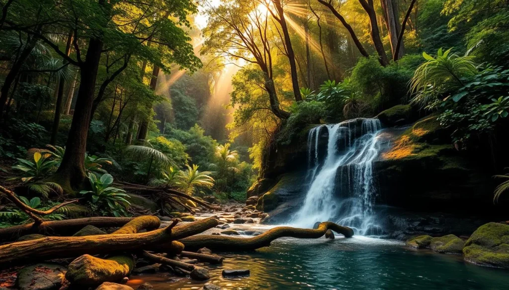 A lush, verdant rainforest with towering trees, vibrant foliage, and a serene winding stream. Shafts of warm, golden sunlight filter through the canopy, casting a gentle glow on the moss-covered rocks and fallen logs. In the foreground, a picturesque waterfall cascades over a rocky cliff, its crystal-clear waters crashing into a tranquil pool below. The scene exudes a sense of natural harmony and beauty, inviting the viewer to immerse themselves in the tranquility of this enchanting Hawaiian landscape.