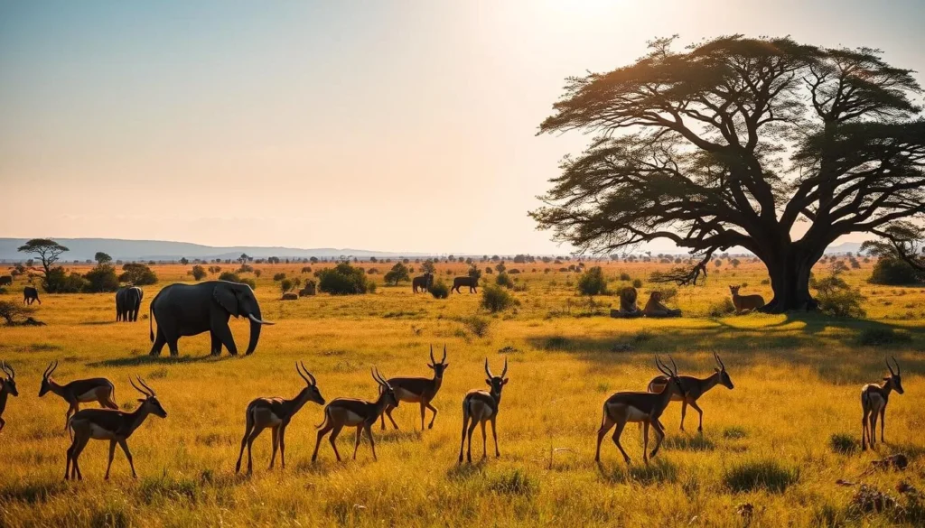 A lush, verdant savanna in Likasi, Democratic Republic of the Congo, teeming with diverse wildlife. In the foreground, a herd of graceful gazelles graze peacefully, their slender bodies casting long shadows on the golden grass. In the middle ground, a majestic elephant lumbers through the scene, its massive frame silhouetted against a cloudless blue sky. Faraway, a pride of lions rests in the shade of a sprawling acacia tree, their watchful eyes scanning the horizon. The warm, golden light of the African sun bathes the entire landscape, creating a serene and captivating atmosphere for wildlife viewing.