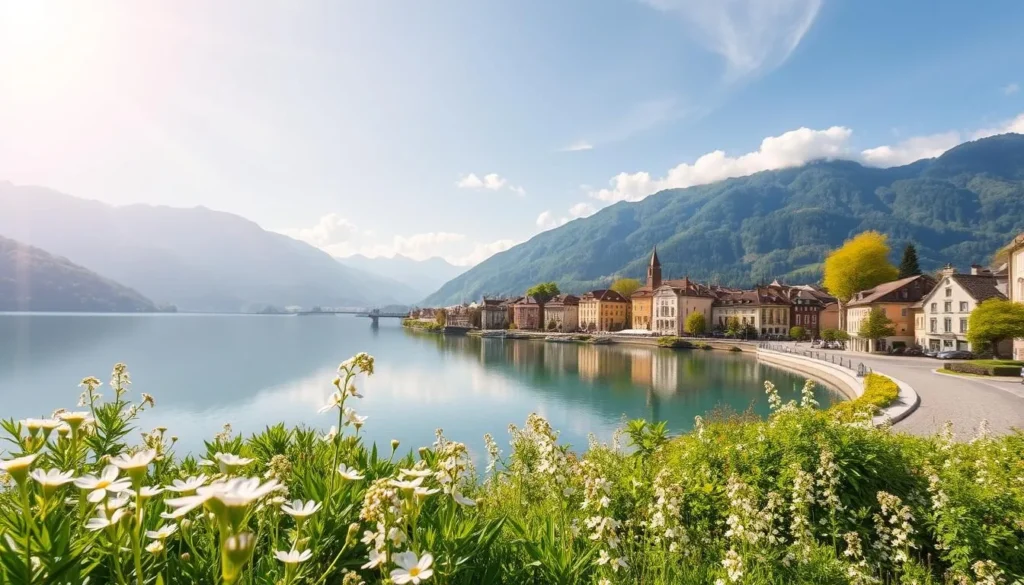 A lush, verdant scene in Annecy, France, during the enchanting month of May. The crystal-clear Lac d'Annecy reflects the surrounding mountains and vibrant foliage, creating a serene and tranquil atmosphere. In the foreground, delicate spring flowers dot the landscape, their petals swaying gently in the soft breeze. The middle ground features picturesque buildings and charming cobblestone streets, inviting exploration. Warm, golden sunlight filters through wispy clouds, casting a gentle glow over the entire scene. Capture the essence of Annecy's springtime beauty, a harmonious blend of nature, architecture, and the promise of adventure.