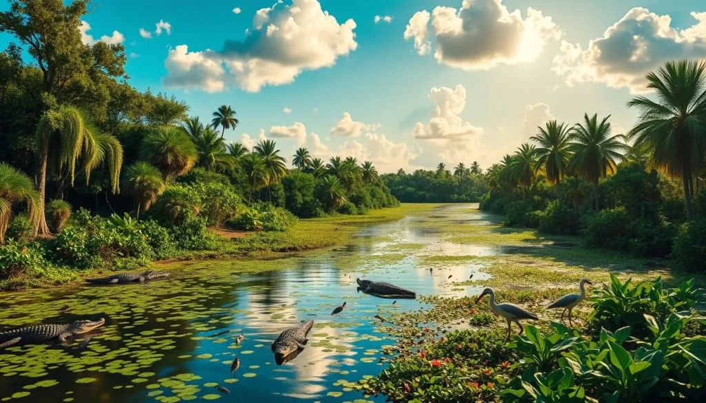 A lush, verdant scene of the Everglades National Park ecosystem. In the foreground, a meandering river teeming with diverse wildlife - alligators basking on the banks, herons elegantly wading in the shallows, and schools of tropical fish darting through the crystal-clear waters. The middle ground features a dense, vibrant swampland, with towering cypress trees draped in Spanish moss and a kaleidoscope of colorful flora. In the distance, the horizon is punctuated by the silhouettes of majestic palms against a serene, azure sky, illuminated by warm, golden sunlight filtering through fluffy cumulus clouds. The overall mood is one of tranquility, wonder, and the awe-inspiring beauty of this unique, fragile ecosystem.