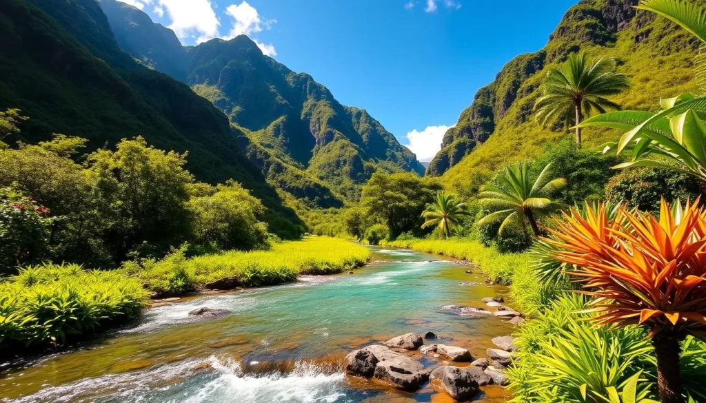 A lush, verdant stream winds through the Īao Valley, its crystal-clear waters sparkling in the warm Hawaiian sunlight. Towering emerald cliffs frame the scene, their jagged peaks reaching towards the azure sky. Vibrant tropical foliage lines the banks, creating a serene and inviting atmosphere. The gentle flow of the stream is captured in a medium-wide angle, showcasing the natural beauty and tranquility of this picturesque location. Soft, diffused lighting highlights the details and textures, painting the scene in a warm, golden glow. This idyllic landscape invites the viewer to explore the trails and activities of the Īao Valley State Monument.