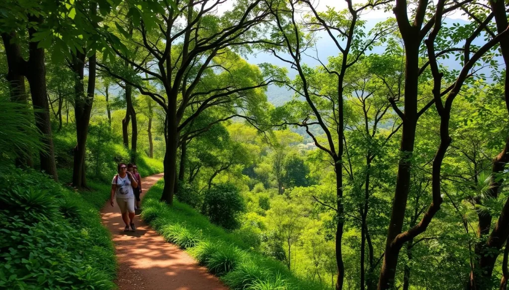 A lush, verdant trail winding through the heart of Kep National Park, Cambodia. Sunlight filters through the towering trees, casting a warm glow over the well-maintained path. In the foreground, hikers make their way along the 8km circuit, taking in the stunning natural beauty that surrounds them. The middle ground reveals dense foliage, with vibrant green leaves and the occasional splash of colorful wildflowers. The background depicts rolling hills and distant mountains, creating a picturesque landscape. The scene conveys a sense of tranquility and adventure, inviting the viewer to immerse themselves in the park's serene and captivating atmosphere.