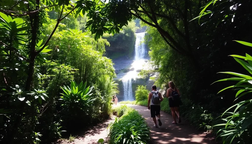 A lush, verdant trail winds through the heart of Manoa Valley, leading to the captivating Manoa Falls. Towering emerald foliage frames the scene, casting dappled sunlight across the path. In the distance, the waterfall cascades over a mossy cliff, its crystalline waters sparkling in the warm Hawaiian sunshine. Hikers traverse the well-maintained trail, their steps crunching on the packed earth as they take in the serene beauty of this natural wonder. The air is filled with the soothing sounds of birdsong and the gentle rush of the falling water, creating a tranquil and immersive experience for all who venture here.