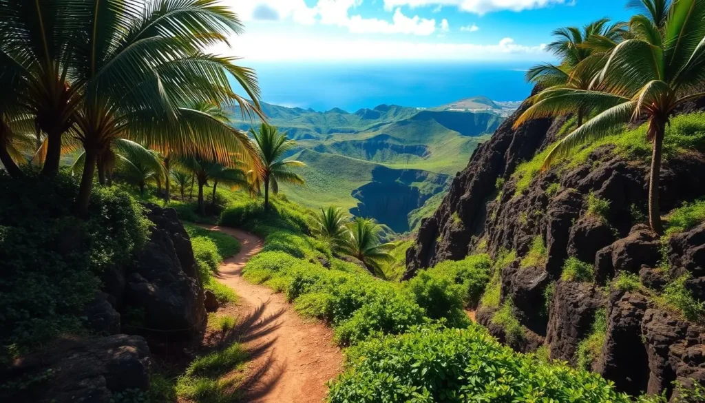 A lush, verdant trail winds through the rolling hills of Koloiki Ridge, Lanai, Hawaii. Sunlight filters through the canopy of towering palms, casting a warm glow on the rocky outcroppings and verdant foliage. In the foreground, the trail meanders invitingly, beckoning hikers to explore the picturesque landscape. The middle ground features a panoramic view of the stunning terrain, with rugged cliffs and deep valleys stretching out to the horizon. In the distance, the azure Pacific Ocean shimmers, creating a breathtaking backdrop. Capture this serene and captivating scene with a wide-angle lens, showcasing the natural beauty and grandeur of the Koloiki Ridge Trail.