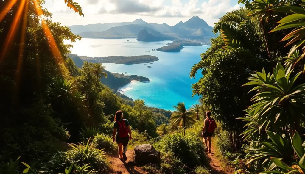 A lush, verdant trail winds through the tropical foliage of Tahiti's roadless peninsula. Rays of warm, golden sunlight filter through the dense canopy, casting a serene glow over the scene. In the foreground, hikers traverse the uneven terrain, their steps careful yet purposeful as they admire the vibrant greens and the occasional burst of colorful flora. The middle ground reveals a panoramic vista of the sparkling azure waters of the South Pacific, the horizon dotted with verdant isles. Towering volcanic peaks rise majestically in the distance, their jagged silhouettes framing the tranquil landscape. An atmosphere of peaceful exploration and natural wonder permeates the image, inviting the viewer to immerse themselves in the beauty of this remote Tahitian paradise.