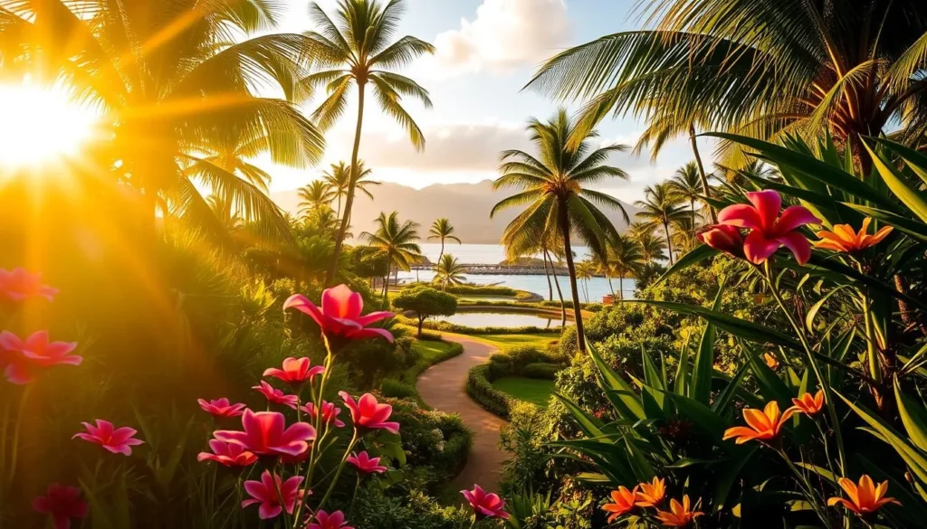 A lush, verdant tropical botanical garden bathed in warm, golden sunlight. In the foreground, vibrant flowers in shades of pink, purple, and yellow sway gently in a light breeze. The middle ground reveals a winding path flanked by towering palm trees and exotic foliage, inviting visitors to explore. In the background, a serene pond reflects the surrounding natural beauty, with distant mountains providing a picturesque backdrop. The scene exudes a sense of tranquility and wonder, perfectly capturing the essence of a stunning Hawaiian garden on a beautiful day.