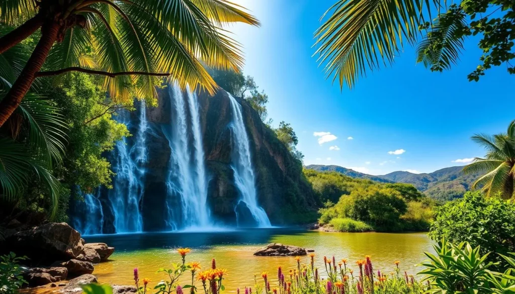 A lush, verdant tropical landscape frames the towering Mondulkiri waterfall, its cascading torrents of crystal-clear water tumbling over ancient, weathered rock formations. Bright sunlight filters through the canopy of swaying palm fronds, casting a warm, golden glow across the tranquil pool below. In the foreground, vibrant wildflowers dot the banks, while in the distance, the rugged, rolling hills of Mondulkiri Province stretch out under a brilliant azure sky. Capture the serene beauty and natural wonder of this stunning natural landmark on a picture-perfect day.