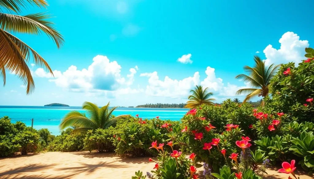A lush, verdant tropical landscape under a brilliant azure sky. In the foreground, a gently swaying palm tree casts dappled shadows on the warm, golden sand below. Vibrant, colorful flowers dot the scene, their petals swaying in a light, balmy breeze. The middle ground features a tranquil turquoise lagoon, its calm waters reflecting the fluffy, cotton-candy clouds overhead. Distant palm-fringed islands dot the horizon, hinting at the unspoiled natural beauty of this idyllic Tuvalu setting. The overall mood is one of serene, sun-drenched tropical paradise.
