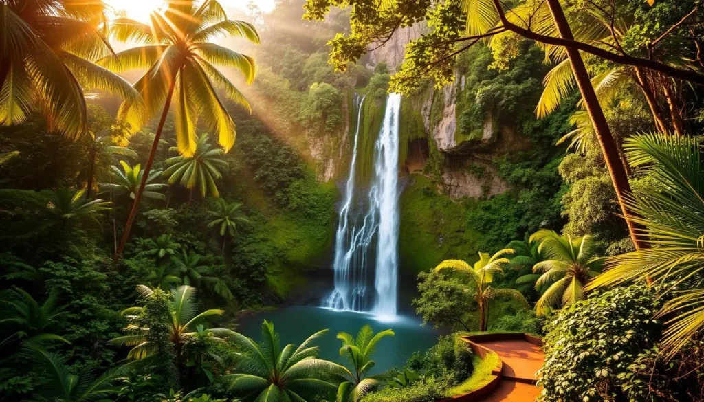 A lush, verdant tropical paradise with Manoa Falls as the centerpiece. The waterfall cascades down a towering, moss-covered cliff face, its crystal-clear waters crashing into a tranquil pool below. Towering palm trees and thick foliage frame the scene, creating a sense of seclusion and natural wonder. Warm, golden sunlight filters through the canopy, casting a gentle glow over the entire landscape. In the foreground, a winding trail leads visitors closer to the falls, inviting exploration. The atmosphere is serene and inviting, perfectly capturing the essence of this stunning natural wonder in Oahu, Hawaii.