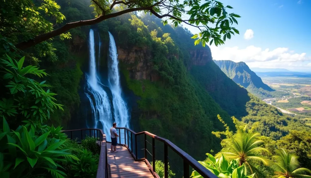 A lush, verdant tropical paradise with towering Akaka Falls cascading over a rugged volcanic cliff. The stunning 442-foot waterfall is framed by a dense canopy of vibrant green foliage, creating a serene and tranquil atmosphere. Warm sunlight filters through the trees, casting a warm glow on the rushing waters. In the foreground, a wooden footbridge leads visitors towards the misty base of the falls, offering a breathtaking vantage point. In the distance, the rugged Hamakua Coast stretches along the horizon, with rolling hills and lush forests in the background. Capture the majesty and grandeur of this iconic Hawaiian landmark in all its natural beauty.
