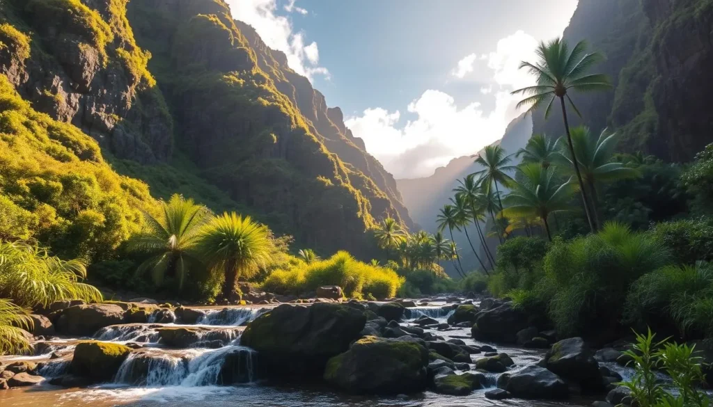 A lush, verdant valley carved by the Īao Stream, with towering cliffs of volcanic rock rising on either side. The scene is bathed in warm, golden sunlight filtering through wispy clouds, casting gentle shadows across the landscape. In the foreground, a crystal-clear waterfall cascades over mossy boulders, its soothing sounds echoing through the tranquil atmosphere. Tall, swaying palm trees and vibrant tropical foliage line the banks, creating a serene, natural oasis. Capture the essence of this picturesque Hawaiian paradise, its timeless beauty and the sense of peaceful exploration for the visitor.