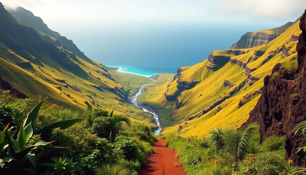 A lush, verdant valley framed by towering sea cliffs, the Pololū Valley Lookout on the Big Island of Hawaii offers a breathtaking vista. In the foreground, a well-worn hiking trail winds through the tropical foliage, leading the eye towards the valley's dramatic centerpiece - a pristine, turquoise-blue stream winding its way to the distant ocean. Midground, the steep, verdant slopes descend into the valley, their vibrant greens contrasting with the rugged, rocky cliffs that rise up on either side. In the background, the vast, azure expanse of the Pacific stretches out, its horizon line blending seamlessly with the hazy, cloudless sky above. Warm, golden sunlight bathes the entire scene, lending an inviting, serene atmosphere to this natural wonder.