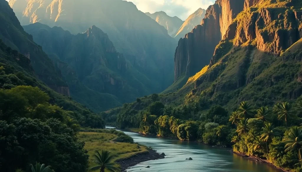 A lush, verdant valley surrounded by towering, jagged peaks, bathed in warm, golden light. In the foreground, a winding river flows gracefully, its crystal-clear waters reflecting the verdant foliage along its banks. The middle ground features dense, tropical vegetation, with towering palm trees and vibrant flora. In the background, the rugged, majestic cliffs of Īao Valley rise majestically, their weathered faces sculpted by time and the elements. The scene conveys a sense of timeless, serene beauty, inviting the viewer to immerse themselves in the rich history and natural wonder of this iconic Hawaiian landmark.
