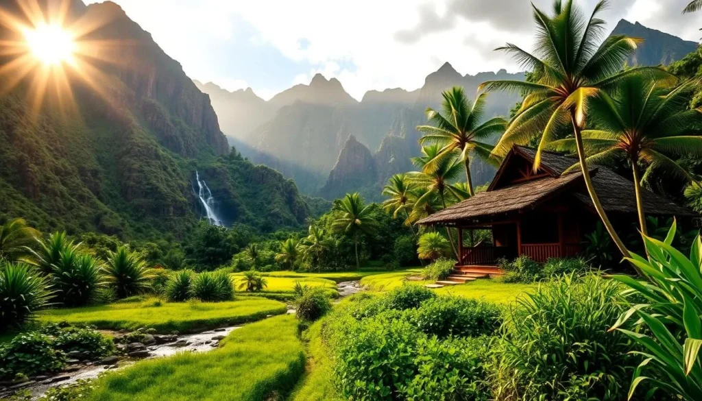 A lush, verdant valley with towering cliffs and cascading waterfalls, under a warm, golden sun. In the foreground, a serene stream winds through the fertile landscape, flanked by ancient Hawaiian taro patches and vibrant tropical foliage. In the middle ground, a traditional Hawaiian hale stands in the shade of towering coconut palms, its thatched roof and wooden beams reflecting the rich cultural heritage of the region. The background is dominated by the majestic, jagged peaks of the Molokai mountains, their rugged beauty accentuated by soft, diffused lighting. An atmosphere of tranquility and timelessness pervades the scene, inviting the viewer to step into the enchanting world of Hālawa Valley.