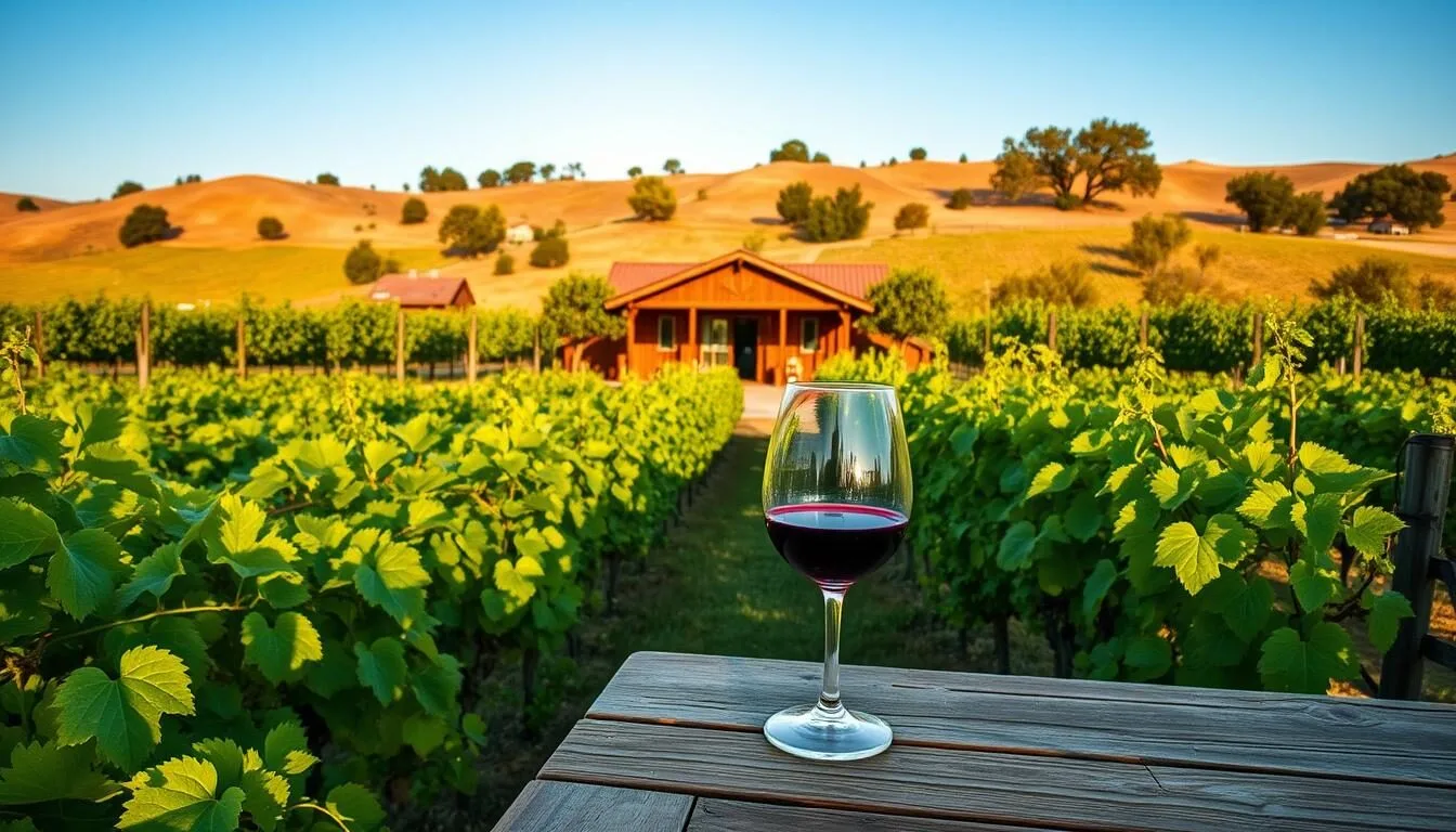 A lush, verdant vineyard in Lodi, California, bathed in warm, golden sunlight. In the foreground, rows of grapevines sway gently in the breeze, their vibrant green leaves rustling. In the middle ground, a charming tasting room with a rustic, wooden facade beckons visitors to sample the region's renowned wines. The background features rolling hills dotted with oak trees, creating a picturesque, pastoral scene. The atmosphere is serene and inviting, evoking the relaxed, unpretentious spirit of Lodi's wine country. A pair of stemmed glasses filled with deep red wine stand on a weathered wooden table, ready to be savored by eager tasters.