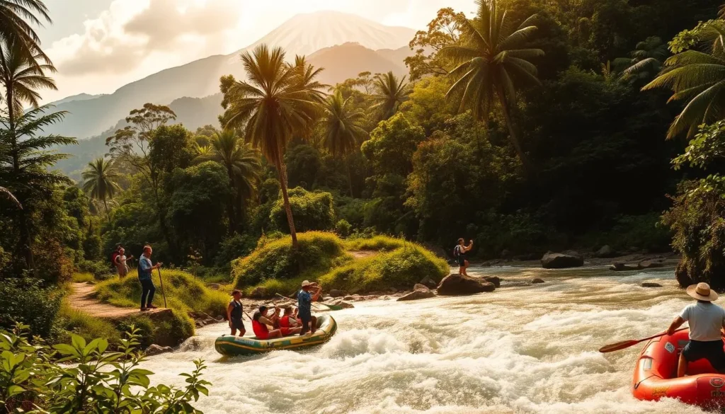 A lush, vibrant landscape in Bunia, Democratic Republic of the Congo, showcasing a diverse array of adventure activities. In the foreground, a group of enthusiastic locals engage in whitewater rafting down a rushing river, navigating the powerful rapids with skill and exhilaration. In the middle ground, hikers trek through a dense, verdant forest, exploring hidden trails and discovering breathtaking vistas. The background features a majestic, snow-capped mountain range, casting a serene and awe-inspiring presence over the scene. The warm, golden sunlight filters through the canopy, creating a sense of warmth and energy. The overall atmosphere is one of excitement, exploration, and a deep connection with the natural wonders of this vibrant region.