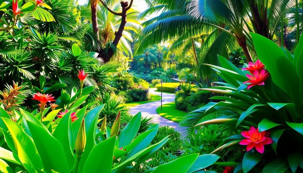 A lush, vibrant scene of the Princeville Botanical Gardens on the island of Kauai, Hawaii. In the foreground, a variety of tropical plant species thrive, their broad leaves and colorful blooms basking in the warm, gentle sunlight. The middle ground showcases a serene garden path winding through the verdant landscape, inviting visitors to explore. In the background, a verdant canopy of palm trees and other native flora create a tranquil, immersive atmosphere. The overall scene conveys a sense of natural beauty, tranquility, and the essence of the "Garden Experience" at this stunning botanical oasis.