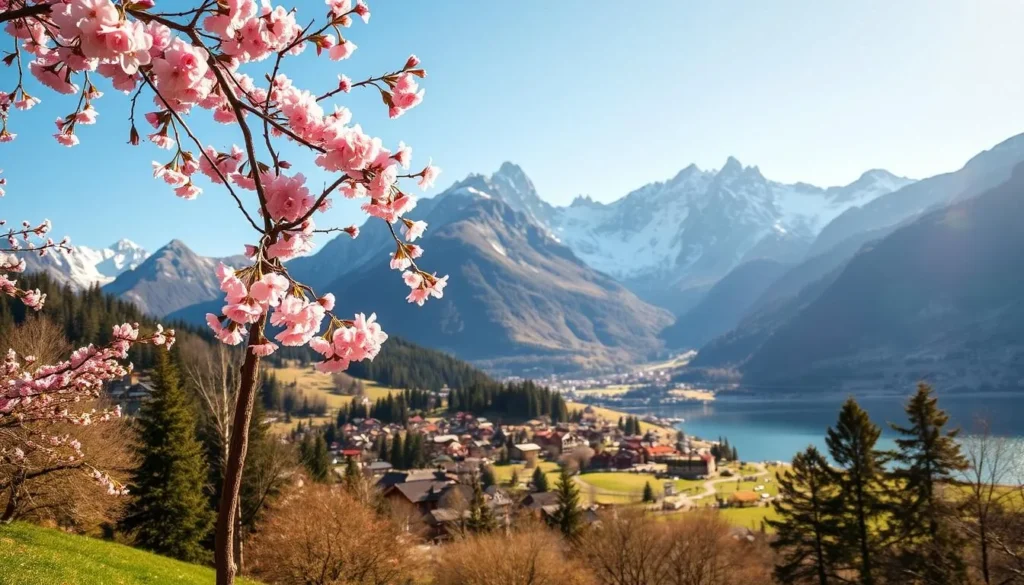 A lush, vibrant spring scene in the Swiss Alps. In the foreground, a delicate cherry blossom tree stands in full bloom, its pink petals gently cascading in the soft breeze. The middle ground reveals a picturesque alpine village nestled between rolling, snow-capped peaks, bathed in warm, golden sunlight. In the background, rugged, majestic mountains rise up, their jagged silhouettes reflected in a tranquil lake. The overall atmosphere is one of serene beauty, capturing the essence of the best time to visit Schwyz, Switzerland.