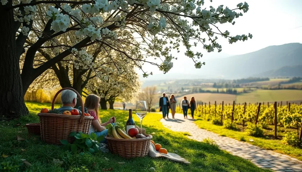 A lush, vibrant springtime scene in the Rhône Valley, France. In the foreground, a family picnics beneath the blossoming trees, a woven basket overflowing with fresh produce and a bottle of local wine. In the middle ground, people stroll along a cobblestone path, taking in the views of rolling vineyards and distant mountains. The background is filled with the soft, golden light of the afternoon sun, casting a warm glow over the landscape. The mood is one of tranquility and joy, capturing the essence of spring in this picturesque region.