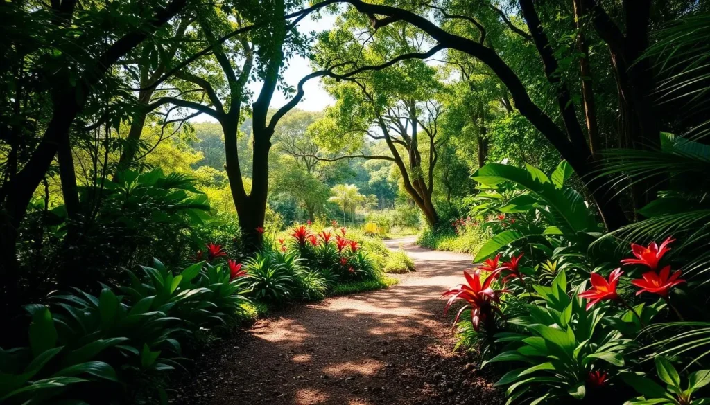 A lush, winding trail winds through the verdant foliage of Lyon Arboretum on the island of Oahu, Hawaii. Dappled sunlight filters through the canopy of towering trees, casting a warm, natural glow on the path. Vibrant tropical plants and flowers line the trail, their vivid hues contrasting against the rich, earthy tones of the soil. In the distance, the sound of birdsong and the gentle rustling of leaves create a serene, tranquil atmosphere. The trail invites exploration, beckoning visitors to immerse themselves in the lush, verdant beauty of this botanical oasis.