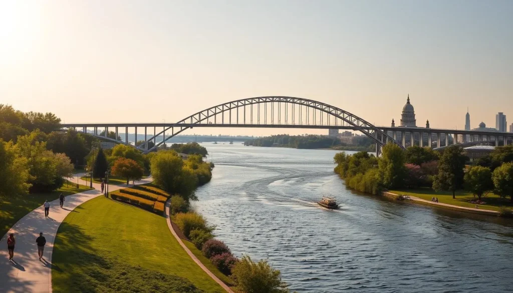 A magnificent bicentennial bridge spans the mighty Missouri River, connecting the bustling city of Jefferson City to the lush Adrian's Island. The bridge's graceful arches and sleek steel structure stand in elegant contrast to the verdant landscapes on both sides. Sunlight dances across the gently rippling waters, casting a warm glow over the scene. In the foreground, joggers and cyclists enjoy the paved pathways, while anglers cast their lines from the riverbanks. The middle ground reveals a picturesque park with verdant trees and blooming flowers, inviting visitors to bask in the beauty of nature. In the distance, the Missouri State Capitol building and the city skyline create a stunning backdrop, hinting at the vibrant urban life beyond this serene outdoor oasis.