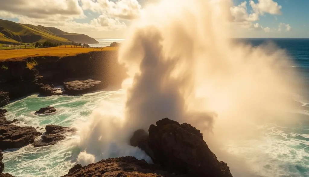 A magnificent plume of water erupting powerfully from the Halona Blowhole, situated on the rugged coastline of Oahu, Hawaii. Dramatic waves crash against the volcanic rock formations, creating an awe-inspiring display of nature's might. The brilliant tropical sun illuminates the scene, casting a warm, golden glow over the turquoise ocean and lush, verdant cliffs in the background. Capture the exhilarating spectacle of this natural wonder, showcasing the mesmerizing power and beauty of the Halona Blowhole in all its glory, as visitors gaze in wonder from the nearby lookout point.