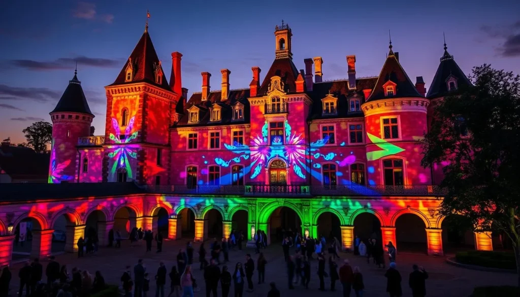 A magnificent sound and light show unfolds at the Château Royal de Blois, an exquisite Renaissance castle nestled along the Loire River. In the warm evening glow, dramatic lighting illuminates the castle's intricate architecture, accentuating its towers, turrets, and ornate facades. Vibrant colors dance across the historic stone walls, accompanied by a captivating symphony of music and special effects. Visitors gather in the picturesque courtyard, transfixed by the mesmerizing display that seamlessly blends the castle's rich heritage with cutting-edge multimedia technology. The scene evokes a sense of wonder and timelessness, transporting onlookers to a realm where sound, light, and the grandeur of the Loire Valley converge in a spellbinding artistic spectacle.