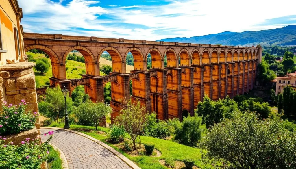 A magnificent stone aqueduct spanning the lush green valley, the iconic Los Arcos in Queretaro, Mexico. Sunlight dances across the graceful arched passageways, casting warm shadows on the weathered, ochre-hued masonry. In the foreground, a quaint cobblestone path winds through a well-manicured garden, dotted with blooming flowers. The middle ground showcases the aqueduct's grand scale, its towering arches rising high against a brilliant azure sky. In the distance, rolling hills and verdant trees create a picturesque backdrop, completing the serene and timeless scene.