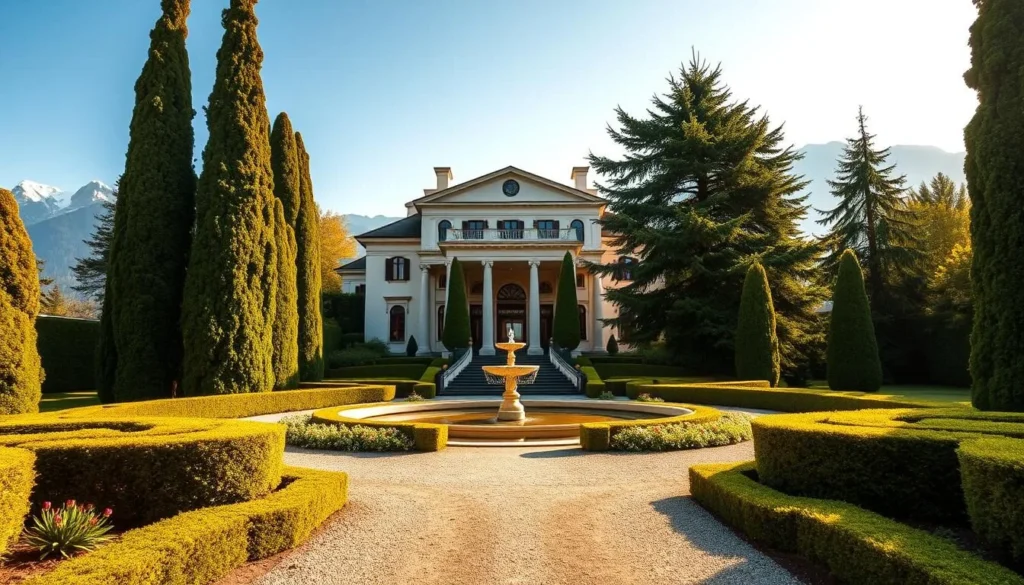 A magnificent villa nestled amidst a lush garden of cedars, its elegant neoclassical facade bathed in warm, golden sunlight. Tall, manicured hedges frame the elegant, symmetrical entrance, leading the eye towards the ornate, wrought-iron gates. The villa's stately columns and arched windows reflect in the tranquil waters of a central fountain, creating a serene, picturesque scene. In the foreground, a gravel path winds through meticulously maintained flowerbeds, inviting visitors to explore the property's cultural and artistic treasures. The middle ground features mature cedar trees swaying gently in the soft breeze, their verdant foliage providing a verdant backdrop to the villa's refined architecture. The background showcases the distant, snow-capped peaks of the Swiss Alps, creating a breathtaking, cinematic landscape.