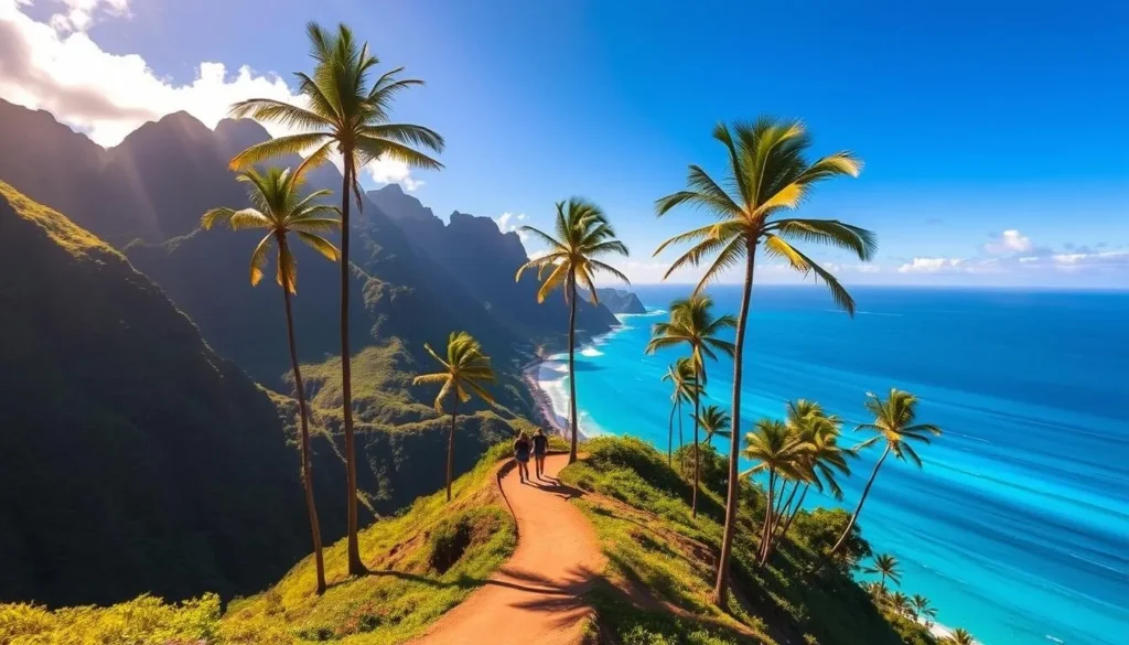 A magnificent vista of the Kalalau Trail, Kauai, Hawaii. The lush, verdant cliffs rise majestically, their jagged edges cutting against the vibrant blue sky. In the foreground, a winding path leads the eye towards the breathtaking ocean view, the turquoise waters sparkling under the warm, golden sunlight. Towering palm trees sway gently in the gentle breeze, casting dancing shadows on the trail. Hikers traverse the path, their silhouettes adding a sense of scale and adventure to the scene. The overall atmosphere is one of serene tranquility, inviting the viewer to immerse themselves in the beauty of this stunning natural wonder.