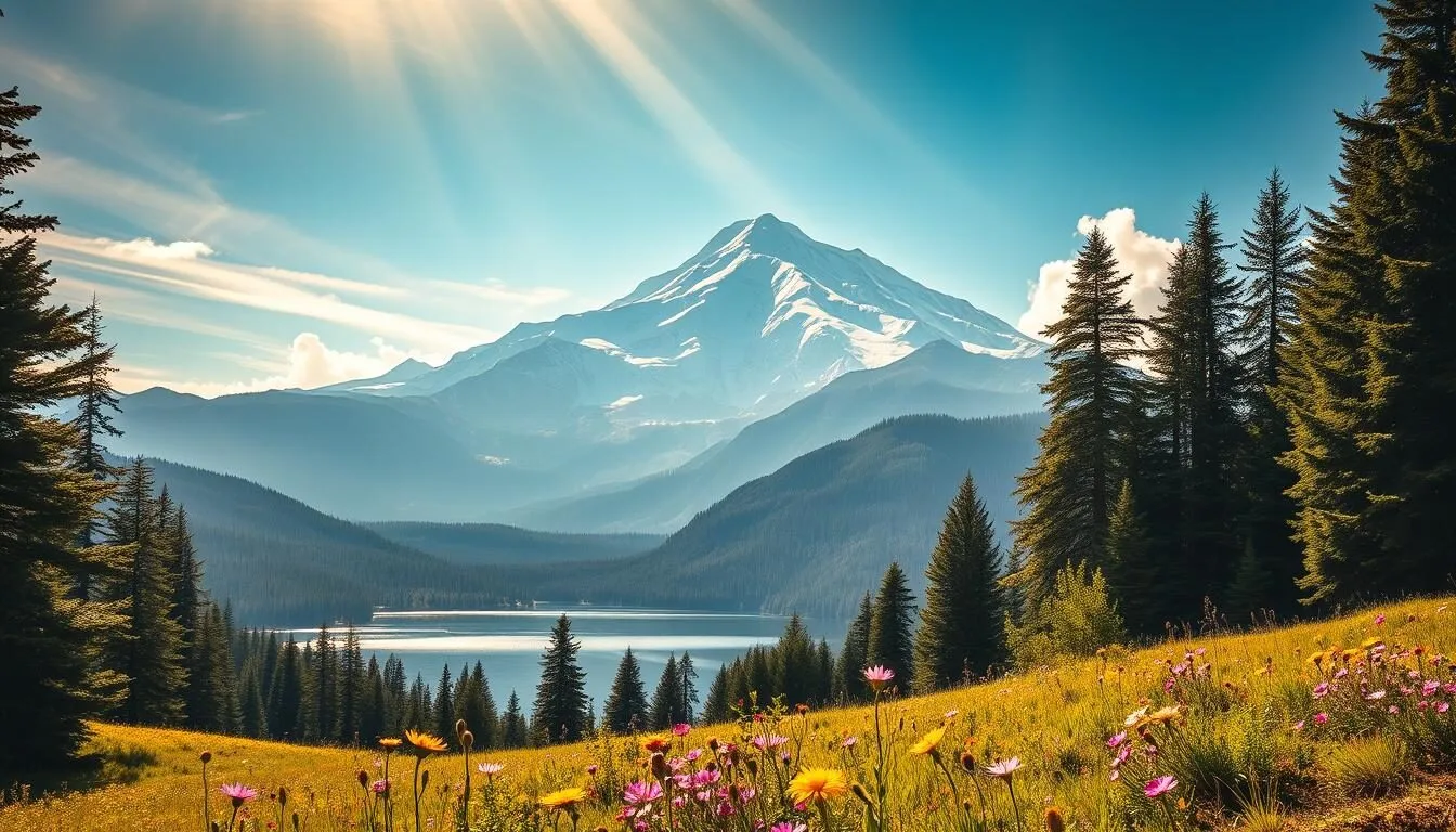 A magnificent vista of the towering Mount Shasta, its snow-capped peak piercing the azure sky. In the foreground, a lush meadow adorned with vibrant wildflowers sways gently in the breeze. Majestic evergreen forests surround the mountain, their verdant hues contrasting with the pristine, glacial-carved landscape. Shafts of warm, golden sunlight filter through wispy clouds, casting a soft, ethereal glow over the scene. The serene, alpine lake in the middle distance reflects the mountain's grandeur, creating a harmonious balance between the rugged terrain and the tranquil waters. This awe-inspiring, picturesque vista captures the beauty and natural splendor of the iconic Mount Shasta region.